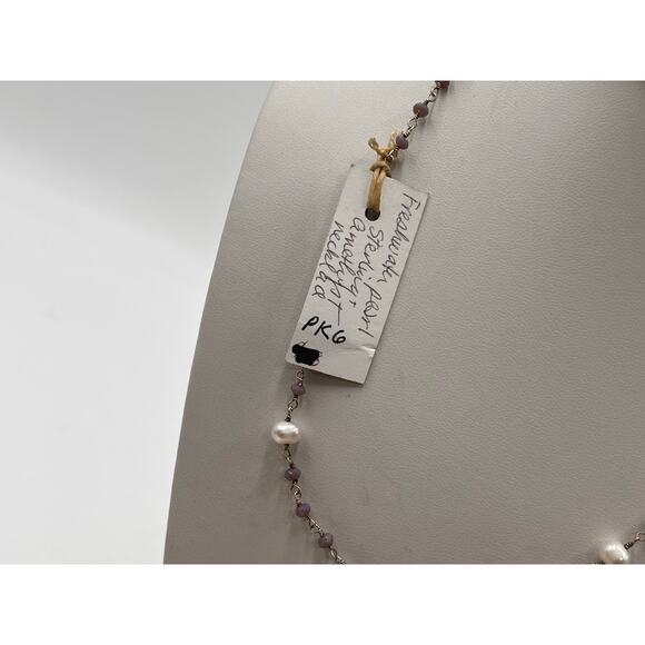 Sterling Silver White Freshwater Pearl Amethyst Beaded Single strand Necklace - Picture 9 of 11